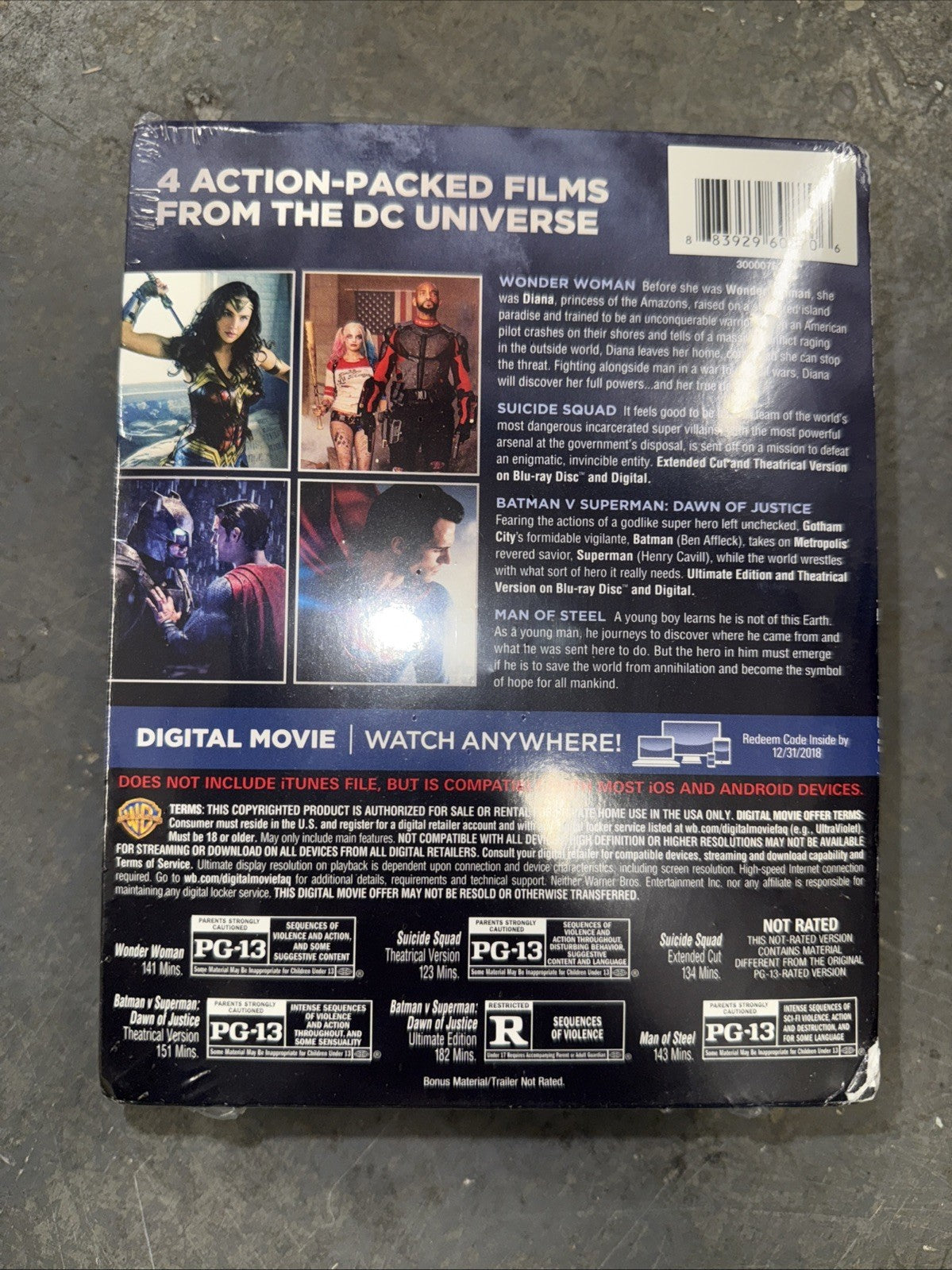 DC 4 Films Blu-ray Set Wonder Woman,Suicide Squad,Batman V Superman,Man of Steel